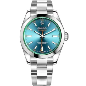 Preowned Rolex Milgauss watch with blue dial, stainless steel chain, and green and orange accents.